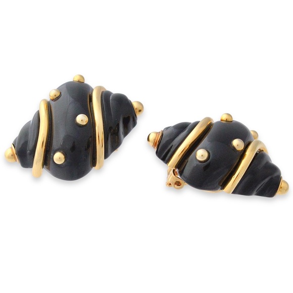 Kenneth Jay Lane Black Lucite Shell Clip On Earrings Gold Plated Dots Large - Picture 4 of 6